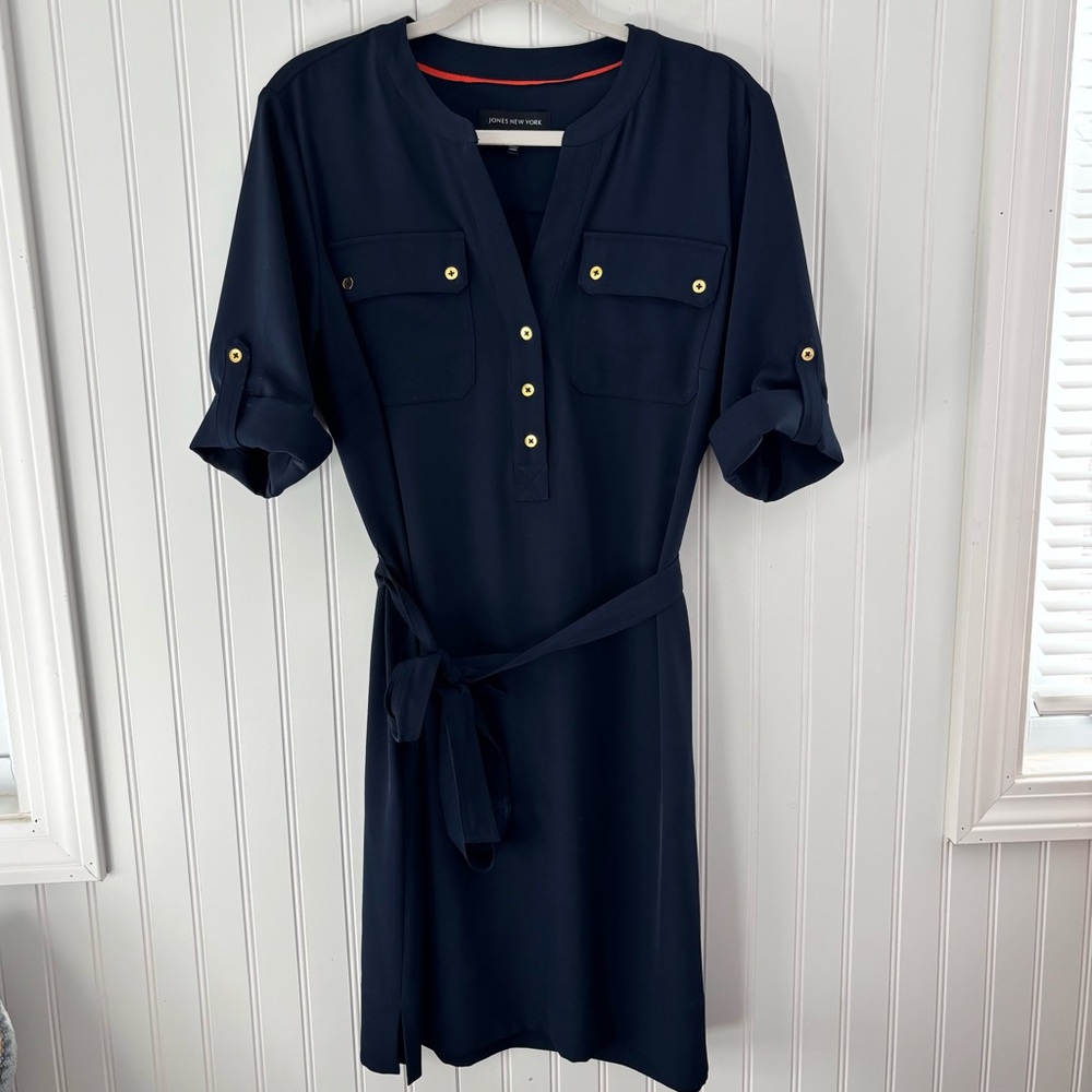 Jones New York Navy Button-Front Midi Shirt Dress with Tie